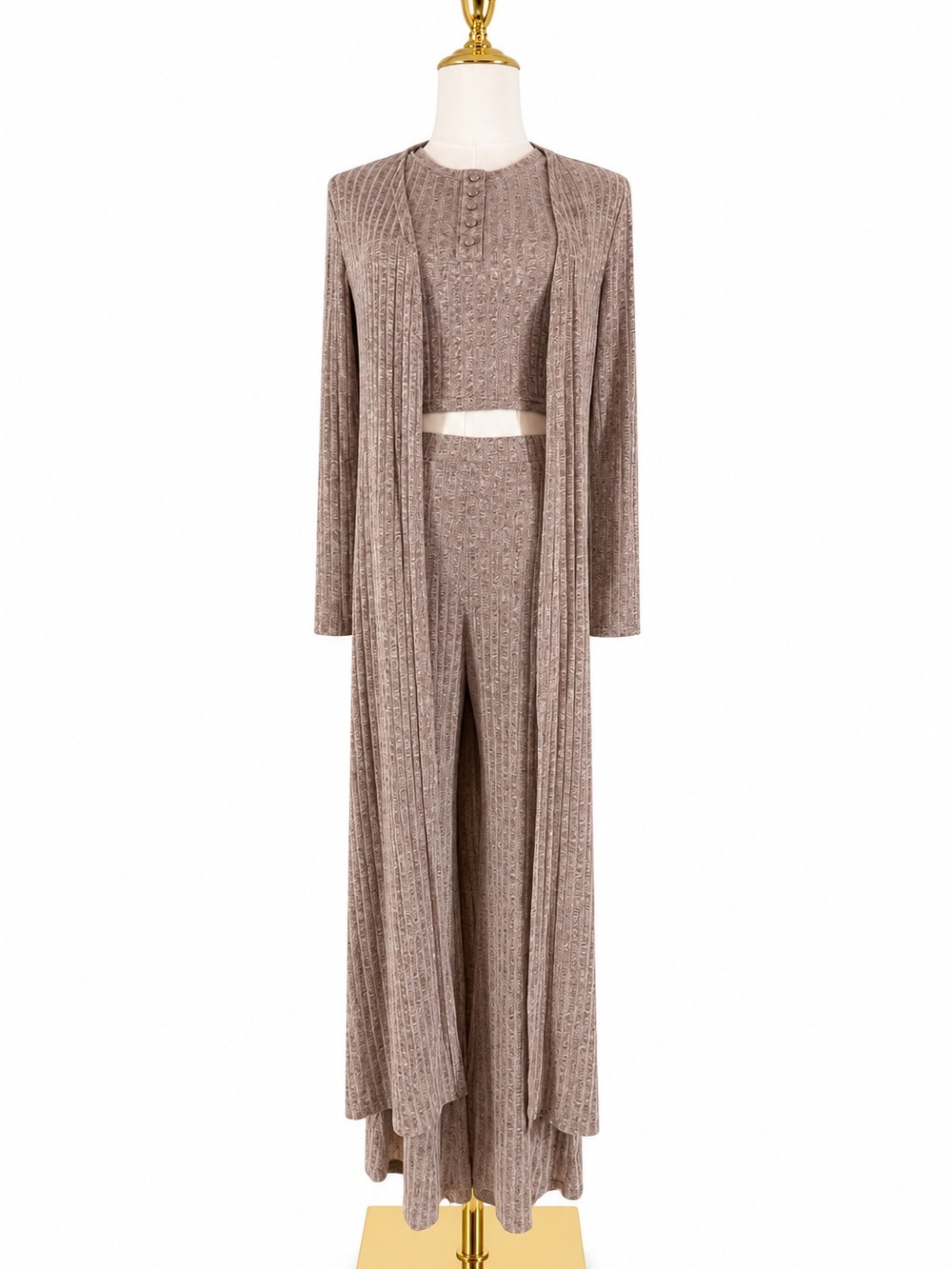SHEIN Taupe Ribbed Knit 3 Piece Set Crop Top Flare Pants Duster Size S